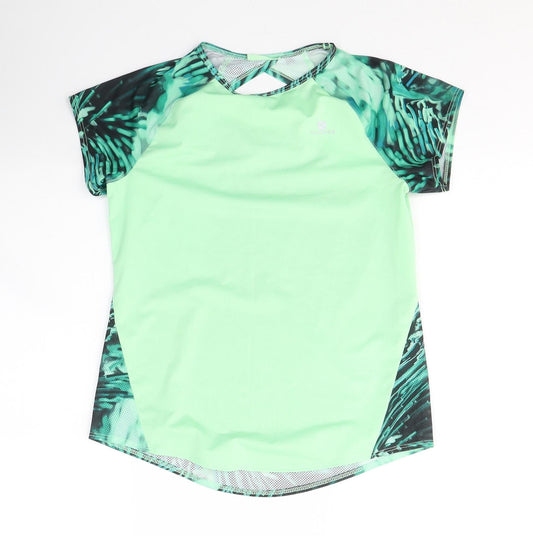 DOMYOS Womens Green Colourblock Polyester Basic T-Shirt Size XS Round Neck Pullover