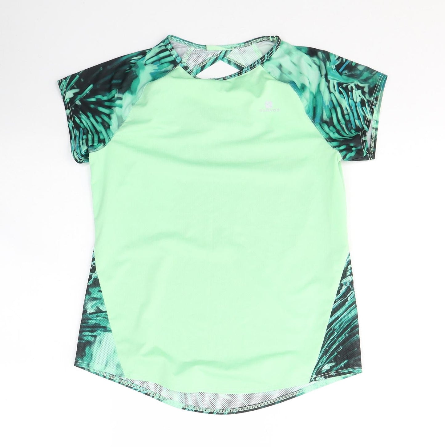 DOMYOS Womens Green Colourblock Polyester Basic T-Shirt Size XS Round Neck Pullover
