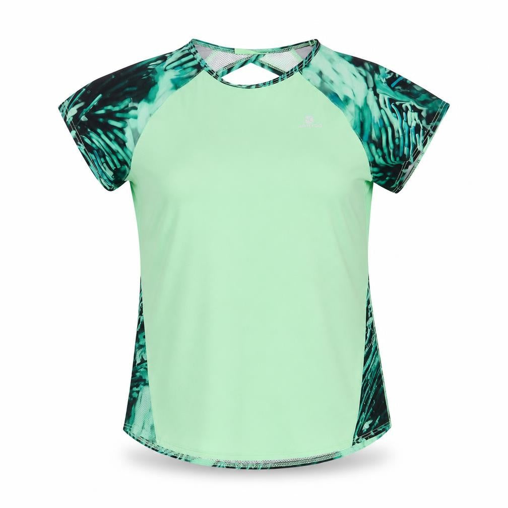DOMYOS Womens Green Colourblock Polyester Basic T-Shirt Size XS Round Neck Pullover