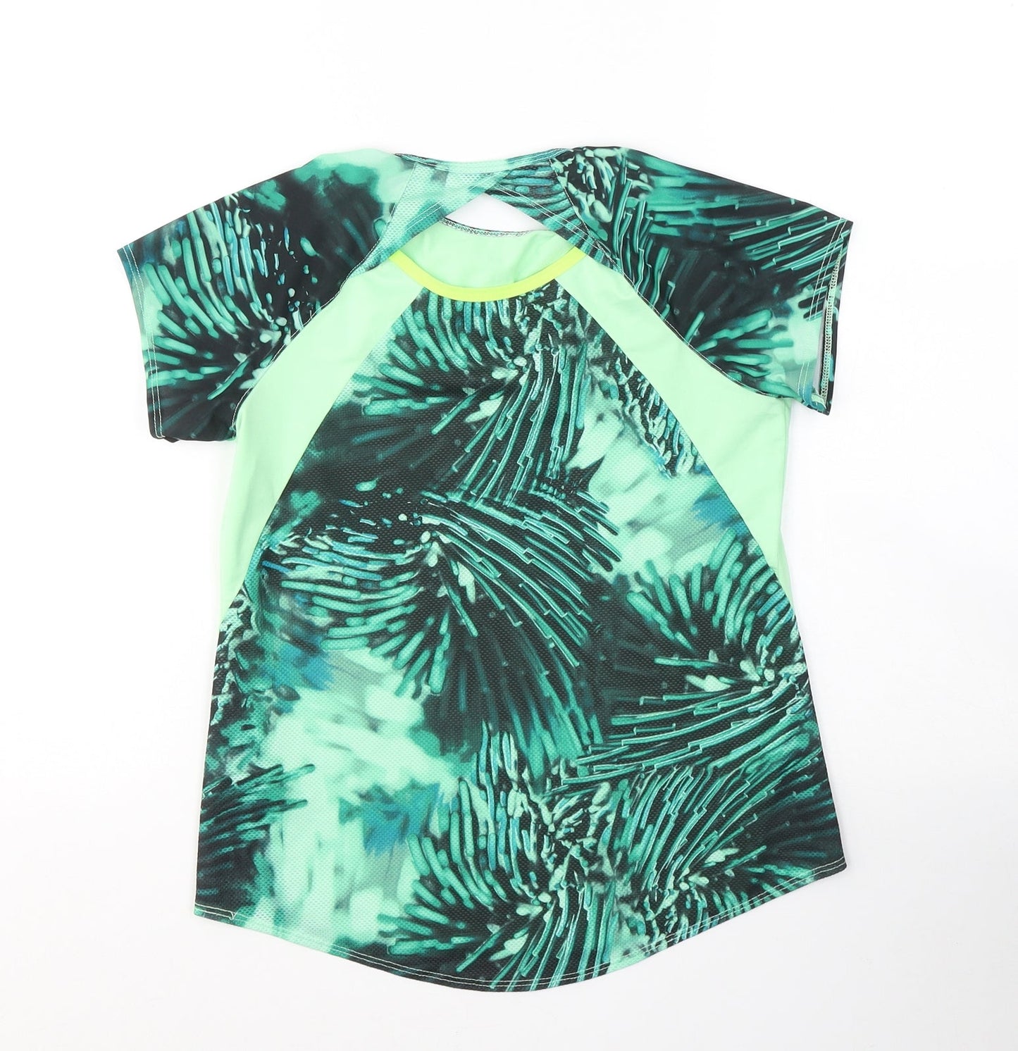 DOMYOS Womens Green Colourblock Polyester Basic T-Shirt Size XS Round Neck Pullover
