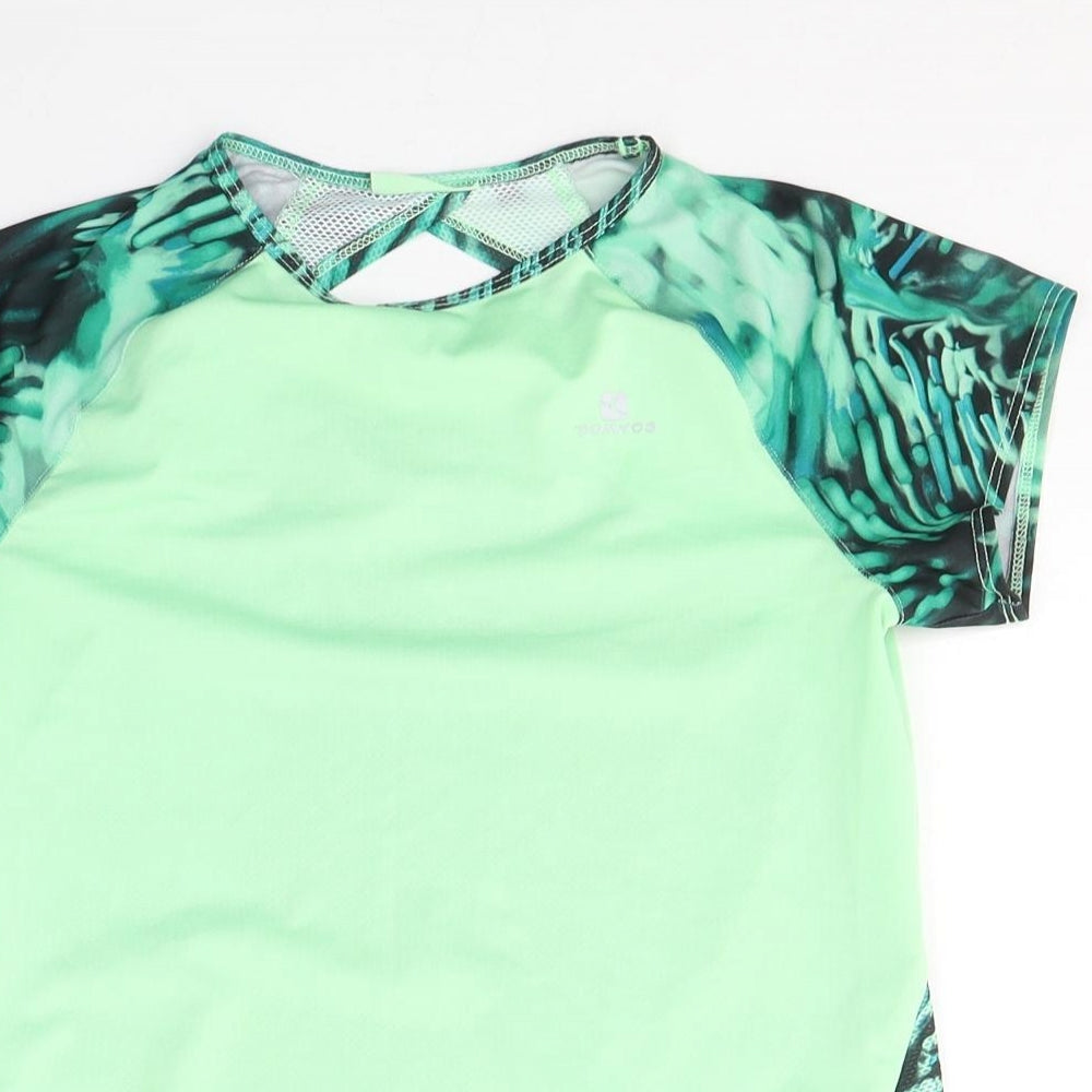DOMYOS Womens Green Colourblock Polyester Basic T-Shirt Size XS Round Neck Pullover