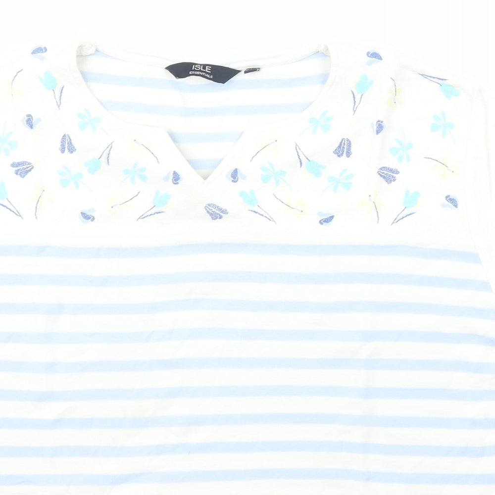Isle Essentials Womens White Striped Cotton Basic T-Shirt Size L V-Neck