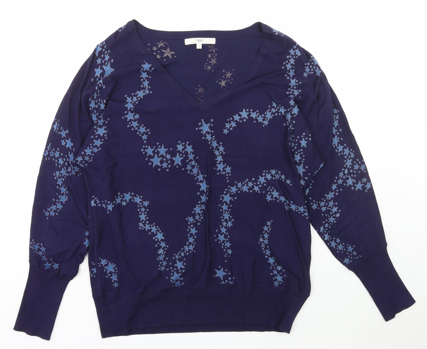 NEXT Womens Blue V-Neck Geometric Viscose Pullover Jumper Size S   - stars