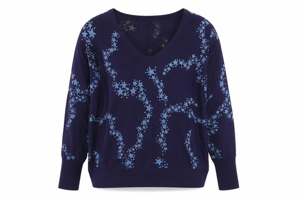 NEXT Womens Blue V-Neck Geometric Viscose Pullover Jumper Size S   - stars