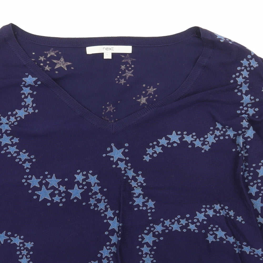 NEXT Womens Blue V-Neck Geometric Viscose Pullover Jumper Size S   - stars