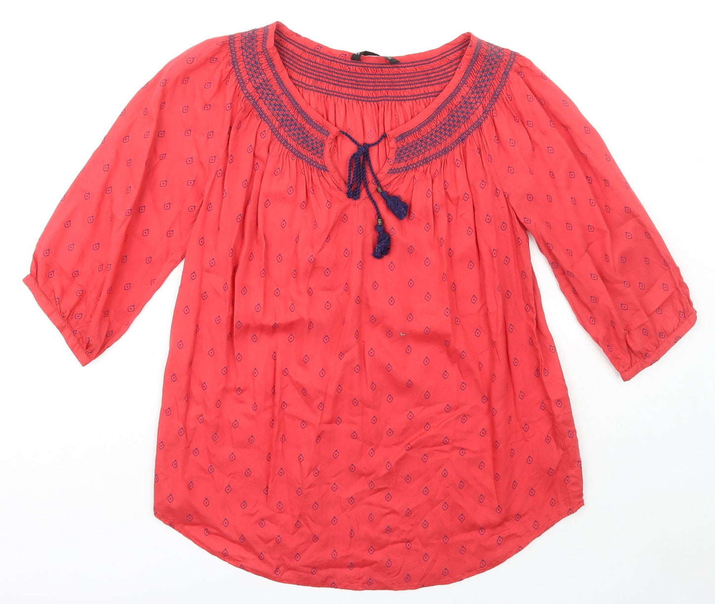 Dunnes Stores Womens Red Geometric Viscose Kimono T-Shirt Size 10 Boat Neck