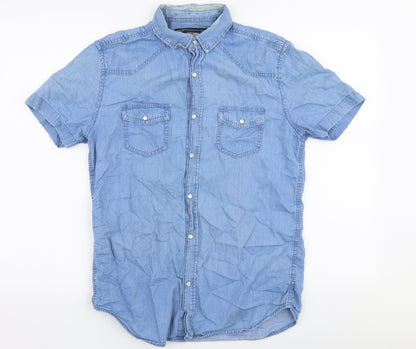 Max Mens Blue  Cotton  Button-Up Size S Collared Snap