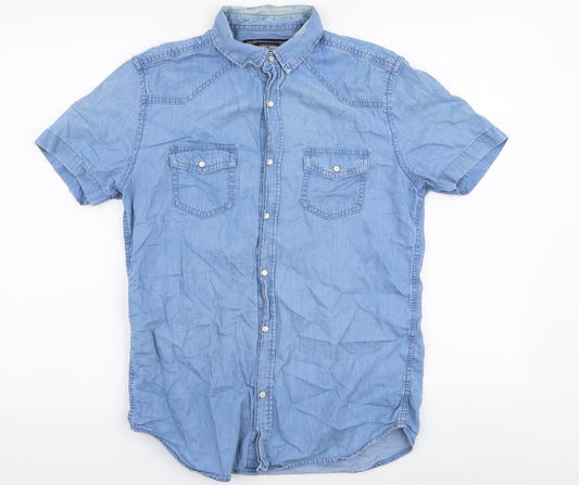 Max Mens Blue  Cotton  Button-Up Size S Collared Snap