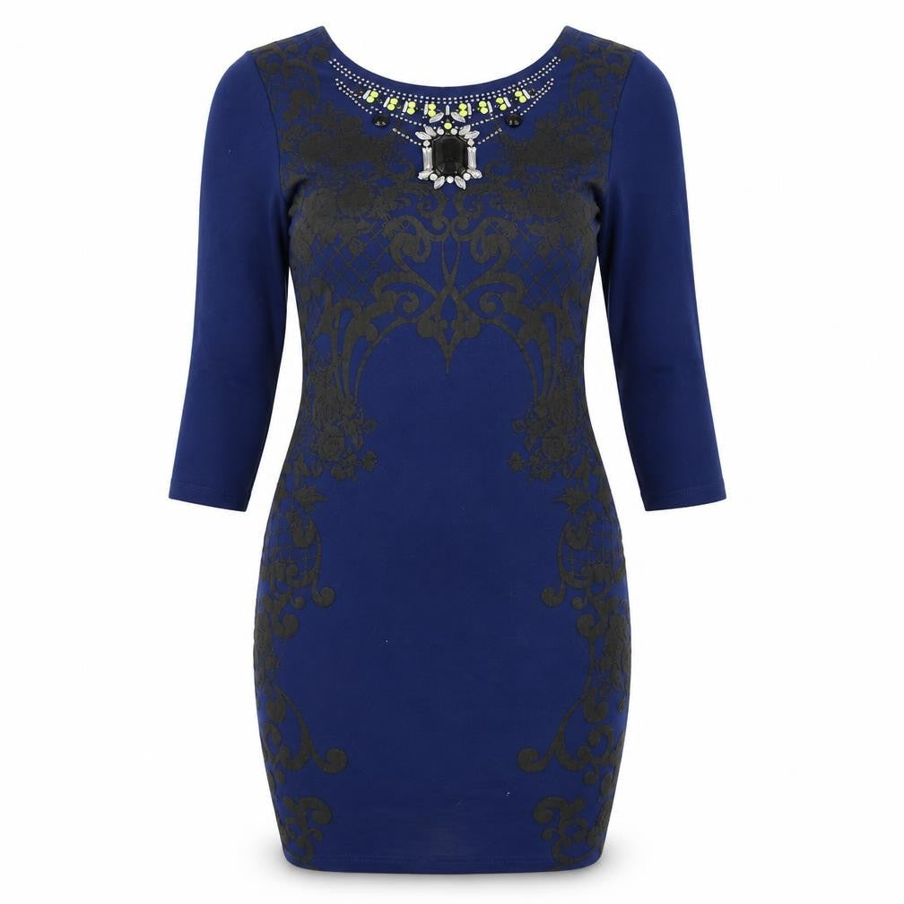 River Island Womens Blue Floral Cotton Bodycon  Size 10  Round Neck Pullover
