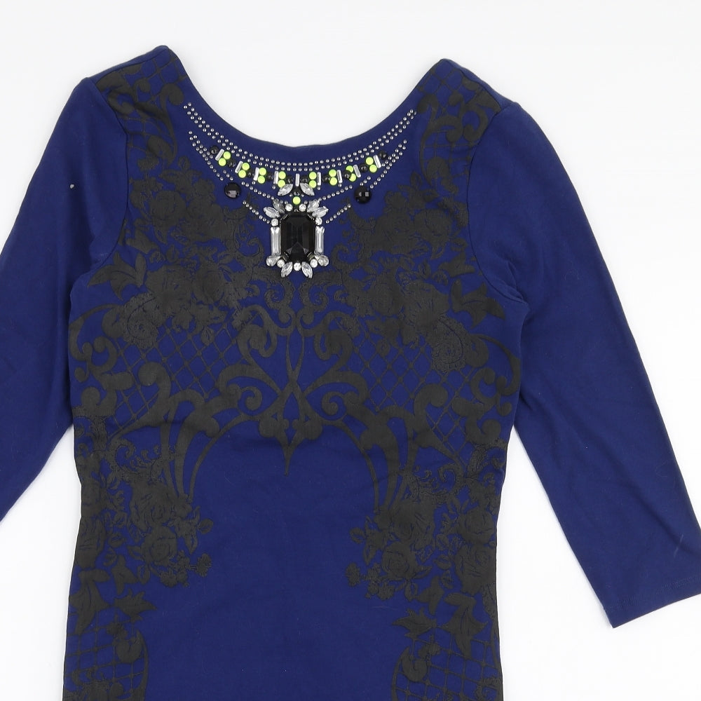 River Island Womens Blue Floral Cotton Bodycon  Size 10  Round Neck Pullover