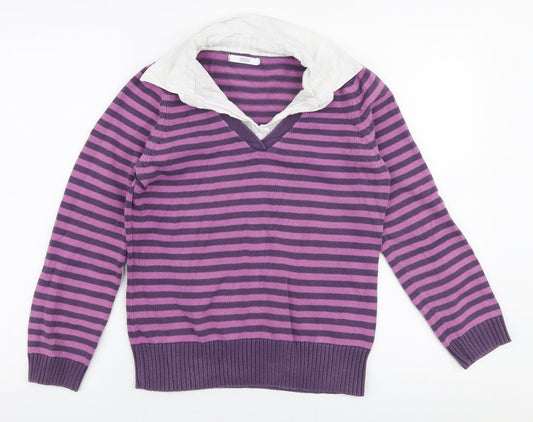 Marks and Spencer Womens Purple Collared Striped Cotton Pullover Jumper Size 12