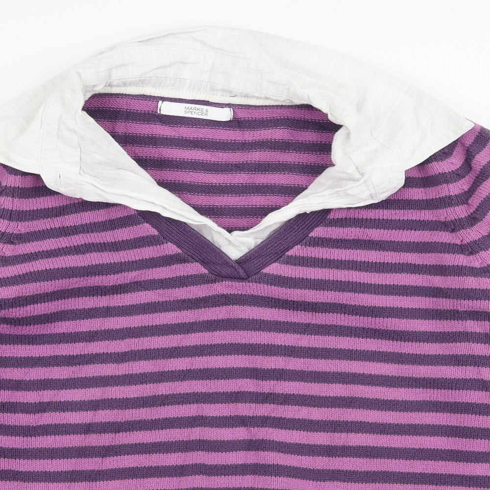 Marks and Spencer Womens Purple Collared Striped Cotton Pullover Jumper Size 12