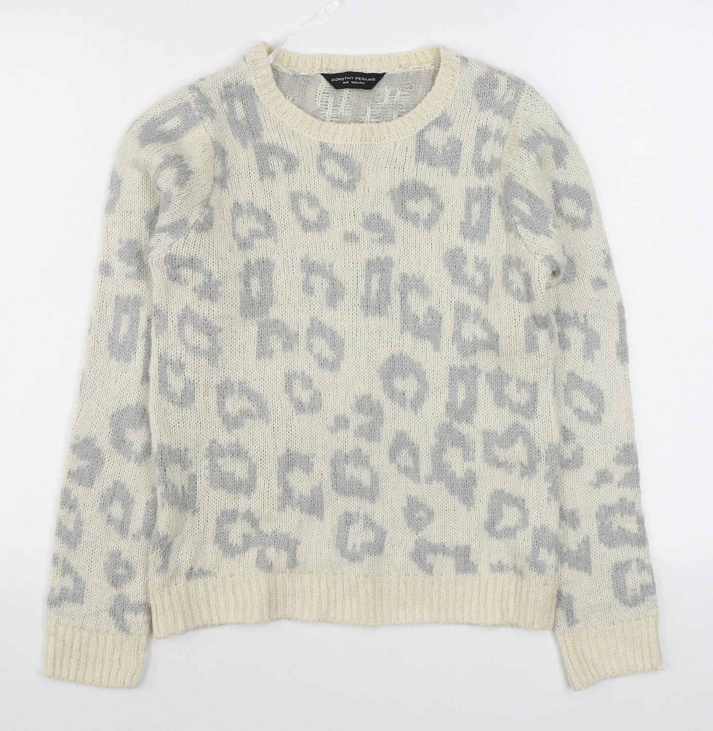Dorothy Perkins Womens White Round Neck Animal Print Acrylic Pullover Jumper Size 8