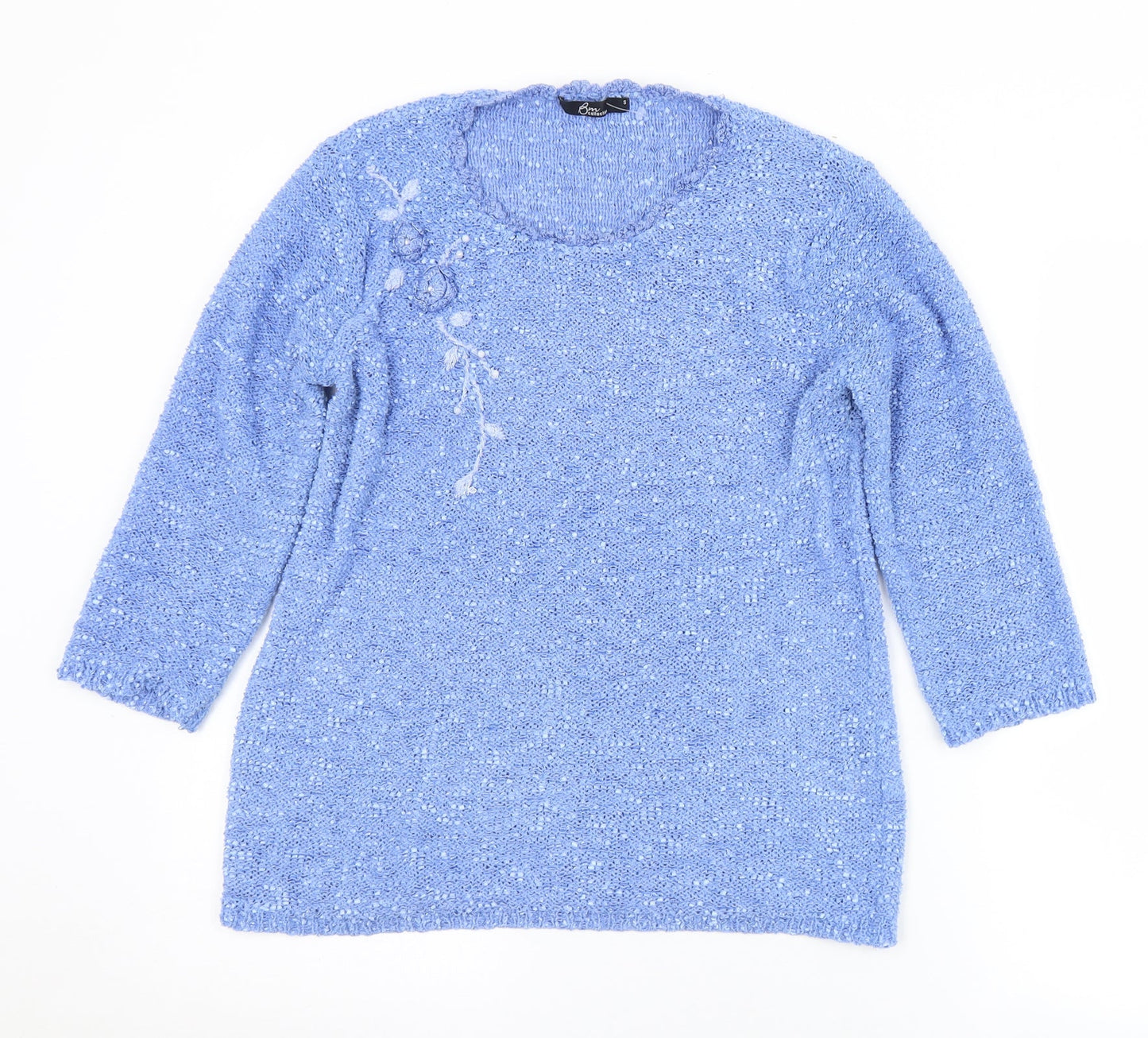 BM Womens Blue Round Neck Floral Polyester Pullover Jumper Size S