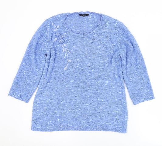 BM Womens Blue Round Neck Floral Polyester Pullover Jumper Size S