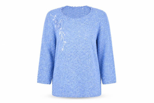 Bonmarché Womens Blue Round Neck Floral Polyester Pullover Jumper Size S