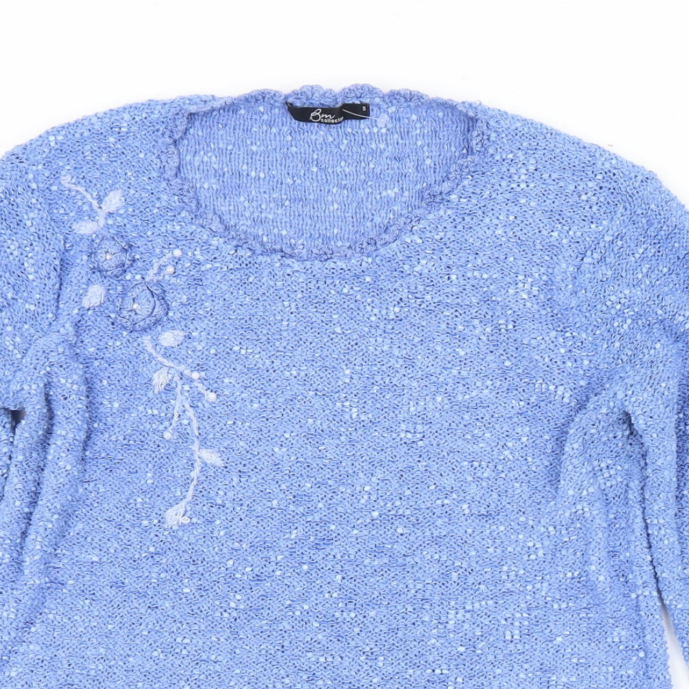 BM Womens Blue Round Neck Floral Polyester Pullover Jumper Size S