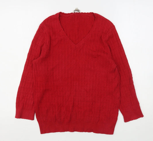 CC Womens Red V-Neck  Cotton Pullover Jumper Size L