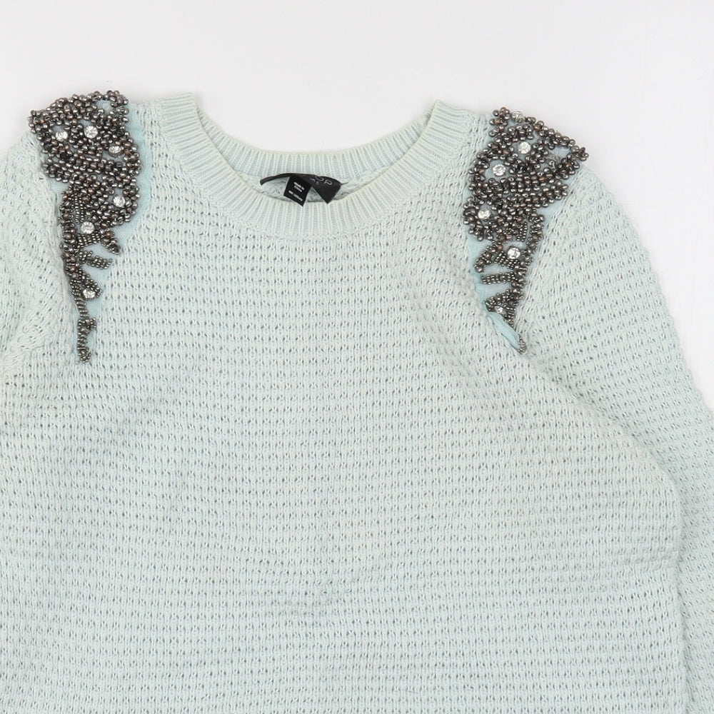Topshop Womens Green Round Neck  Cotton Pullover Jumper Size 6