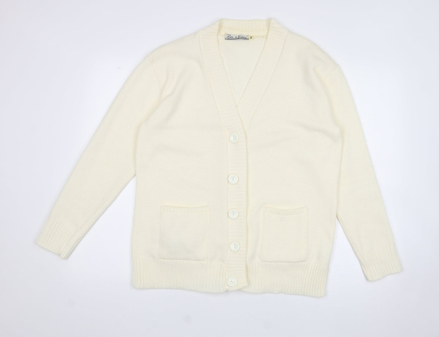 pure & natural Womens White V-Neck  Acrylic Cardigan Jumper Size L   - Size M-L