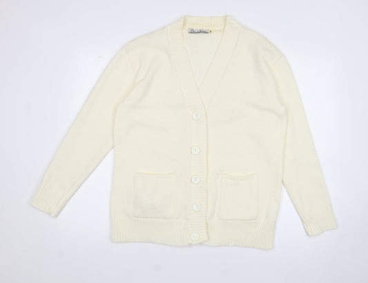pure & natural Womens White V-Neck  Acrylic Cardigan Jumper Size L   - Size M-L