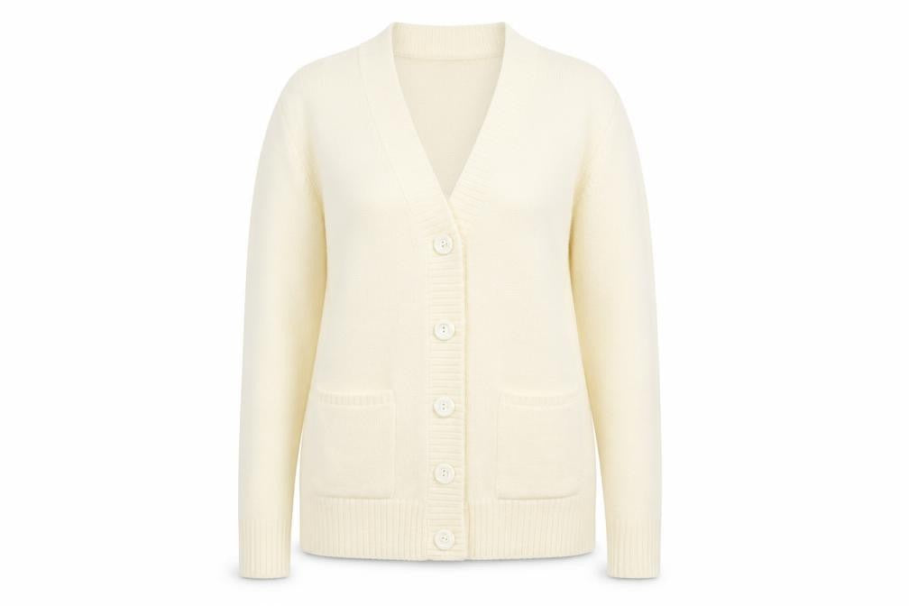 pure & natural Womens White V-Neck  Acrylic Cardigan Jumper Size L   - Size M-L