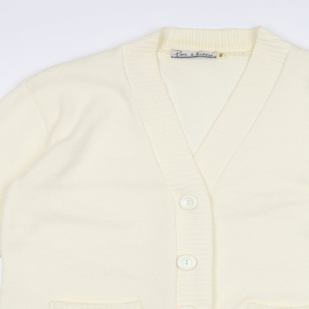 pure & natural Womens White V-Neck  Acrylic Cardigan Jumper Size L   - Size M-L