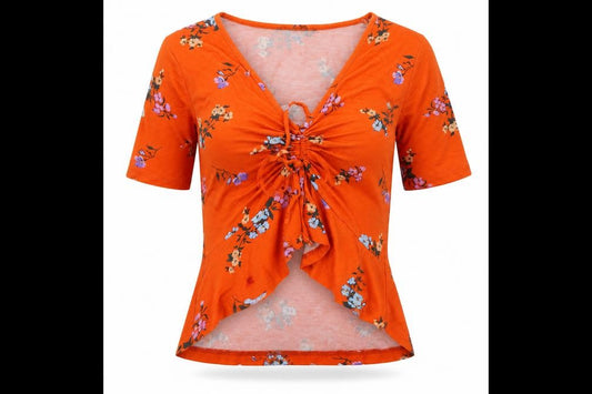 Primark Womens Orange Floral Polyester Basic T-Shirt Size 8 V-Neck