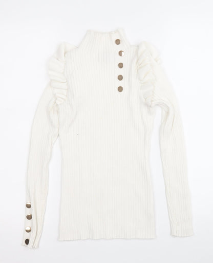 yu & me Womens White Round Neck  Viscose Pullover Jumper Size S