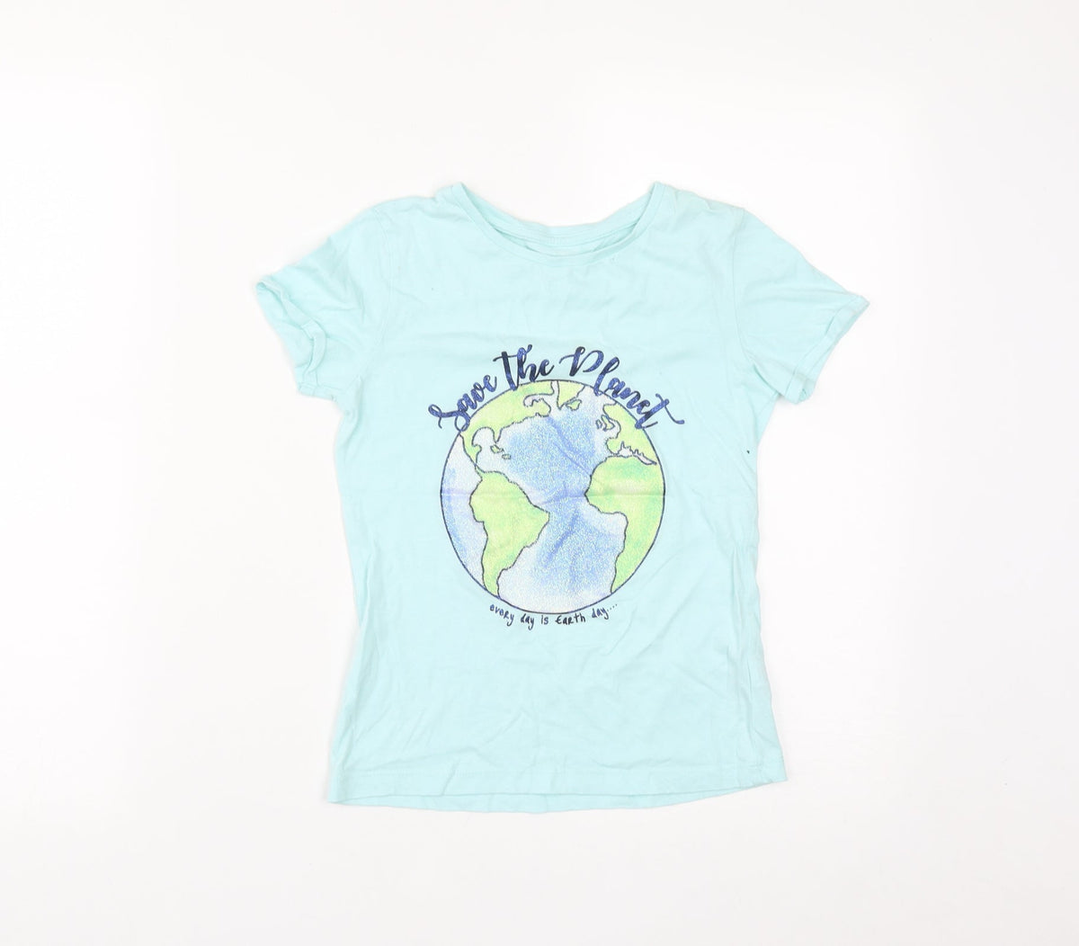 Dunnes Girls Green  Cotton Basic T-Shirt Size 8 Years Round Neck  - Save the Planet
