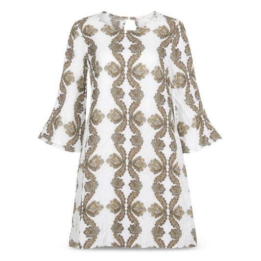 H&M Womens White Geometric Viscose A-Line  Size 8  Crew Neck Button