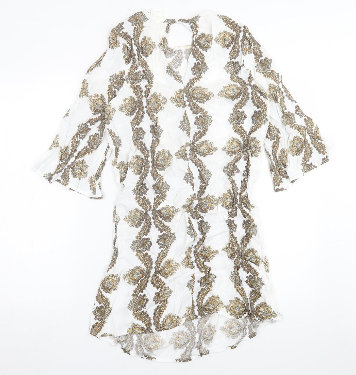 H&M Womens White Geometric Viscose A-Line  Size 8  Crew Neck Button
