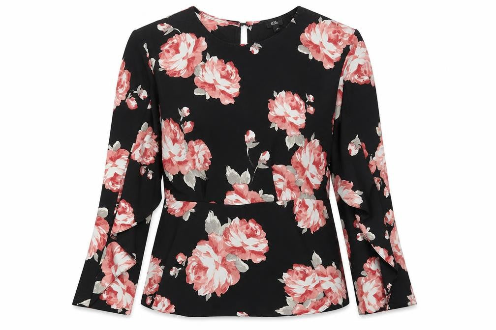 River Island Womens Black Floral Polyester Basic Blouse Size 8 Crew Neck