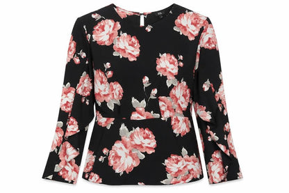 River Island Womens Black Floral Polyester Basic Blouse Size 8 Crew Neck