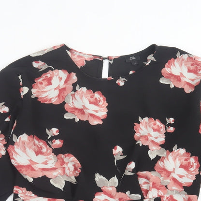 River Island Womens Black Floral Polyester Basic Blouse Size 8 Crew Neck