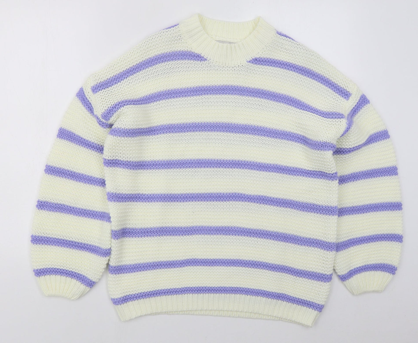 In the Style Womens White Crew Neck Striped Acrylic Pullover Jumper Size 6   - Purple
