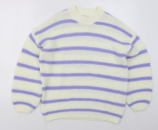 In the Style Womens White Crew Neck Striped Acrylic Pullover Jumper Size 6   - Purple