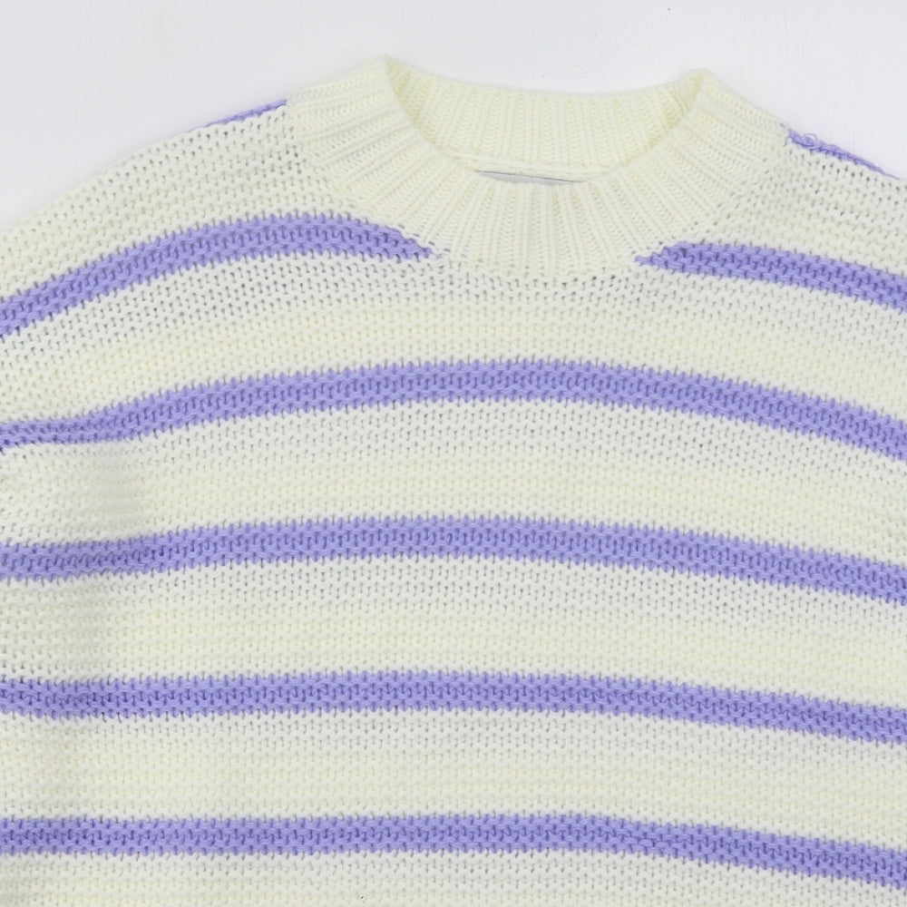 In the Style Womens White Crew Neck Striped Acrylic Pullover Jumper Size 6   - Purple