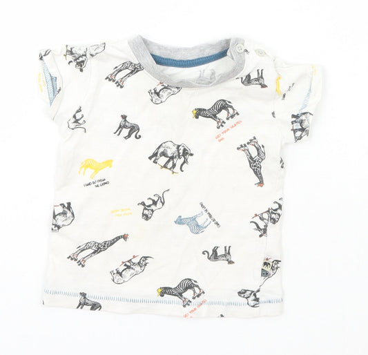 Matalan Baby White Geometric Cotton Basic T-Shirt Size 3-6 Months Roll Neck Pullover - zoo animals