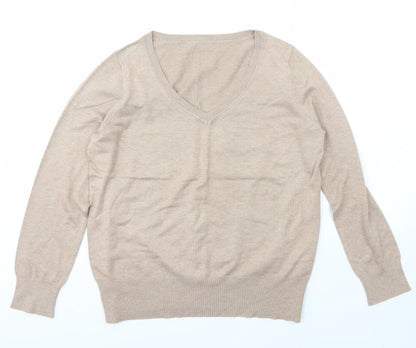 Preloved Preworn Womens Beige V-Neck  Cotton Pullover Jumper Size M - Front