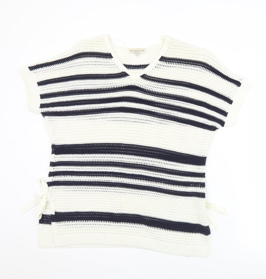 F&F Womens Blue V-Neck Striped Acrylic Pullover Jumper Size 12