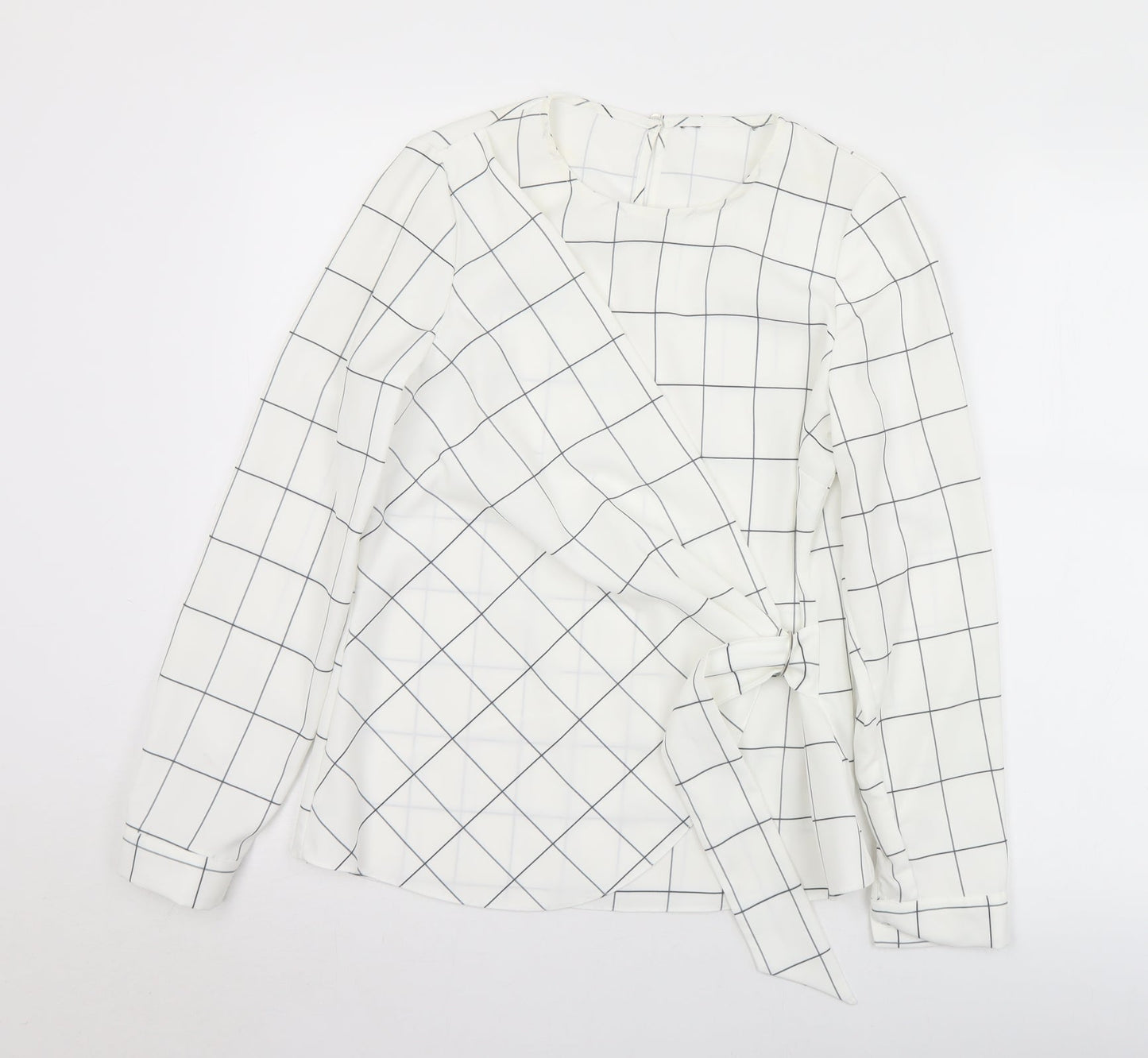 F&F Womens White Check Polyester Wrap Blouse Size 8 Round Neck