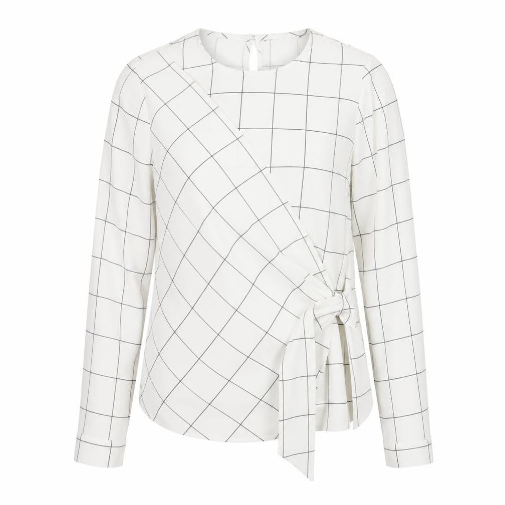 F&F Womens White Check Polyester Wrap Blouse Size 8 Round Neck