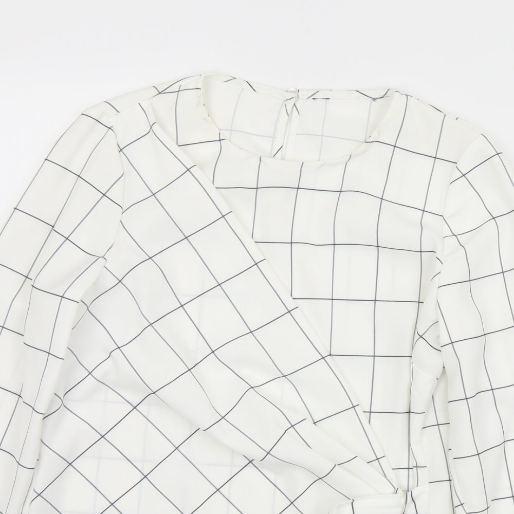 F&F Womens White Check Polyester Wrap Blouse Size 8 Round Neck