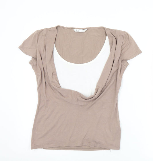 BHS Womens Brown  Viscose Basic T-Shirt Size 10 Cowl Neck