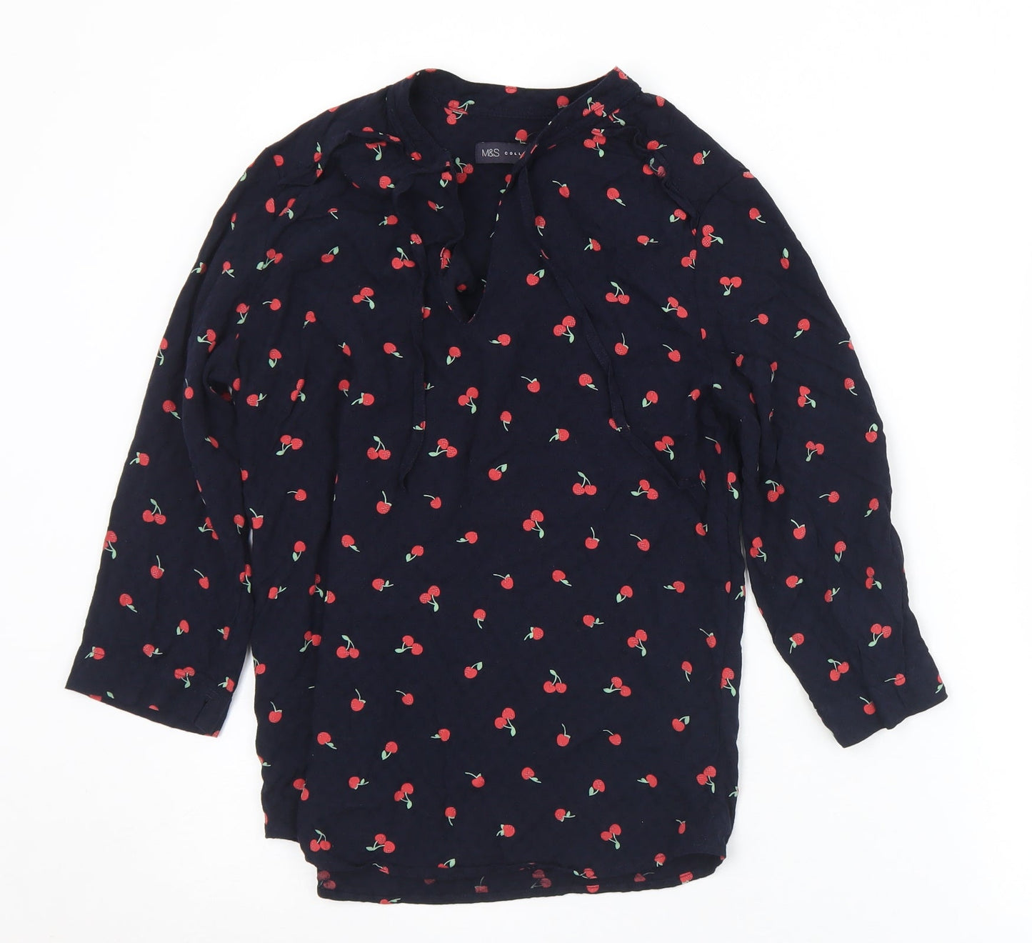 Marks and Spencer Womens Black Geometric Viscose Basic Blouse Size 8 Round Neck - Cherries