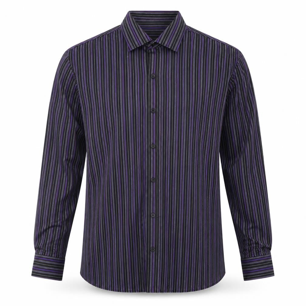 George Mens Purple Striped Polyester  Button-Up Size L Collared Button