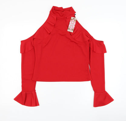 Preloved Boohoo Womens Red  Polyester Basic Blouse Size 12 Mock Neck - Front