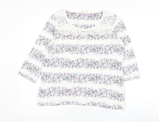 Marks and Spencer Womens White Round Neck Floral Cotton Pullover Jumper Size 10