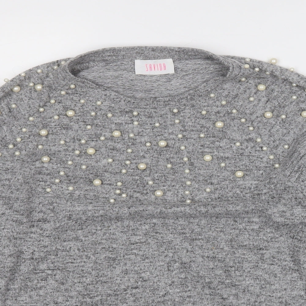 Savida Womens Grey Round Neck Geometric Polyester Pullover Jumper Size L